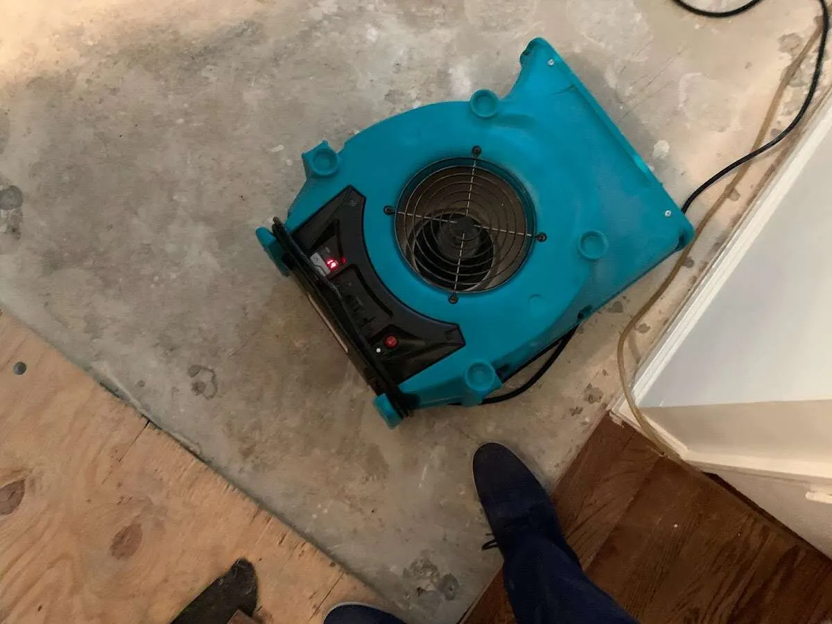 Air mover drying subfloor during Leak Detection & Repair in Slippery Rock